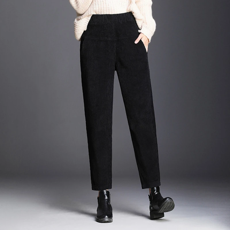 Женские повседневные брюки-гаремы, брюки осень-зима, корейские вельветовые брюки, эластичный талия черный, брюки больших размеров S-3XL
