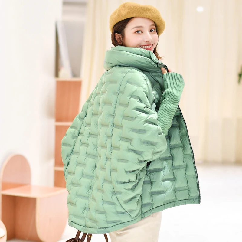 

Down Jacket Knit Batwing Female Loose Short Solid Coats White Duck Down Coat Winter Warm Streetwear Outer Wear Overcoat Women