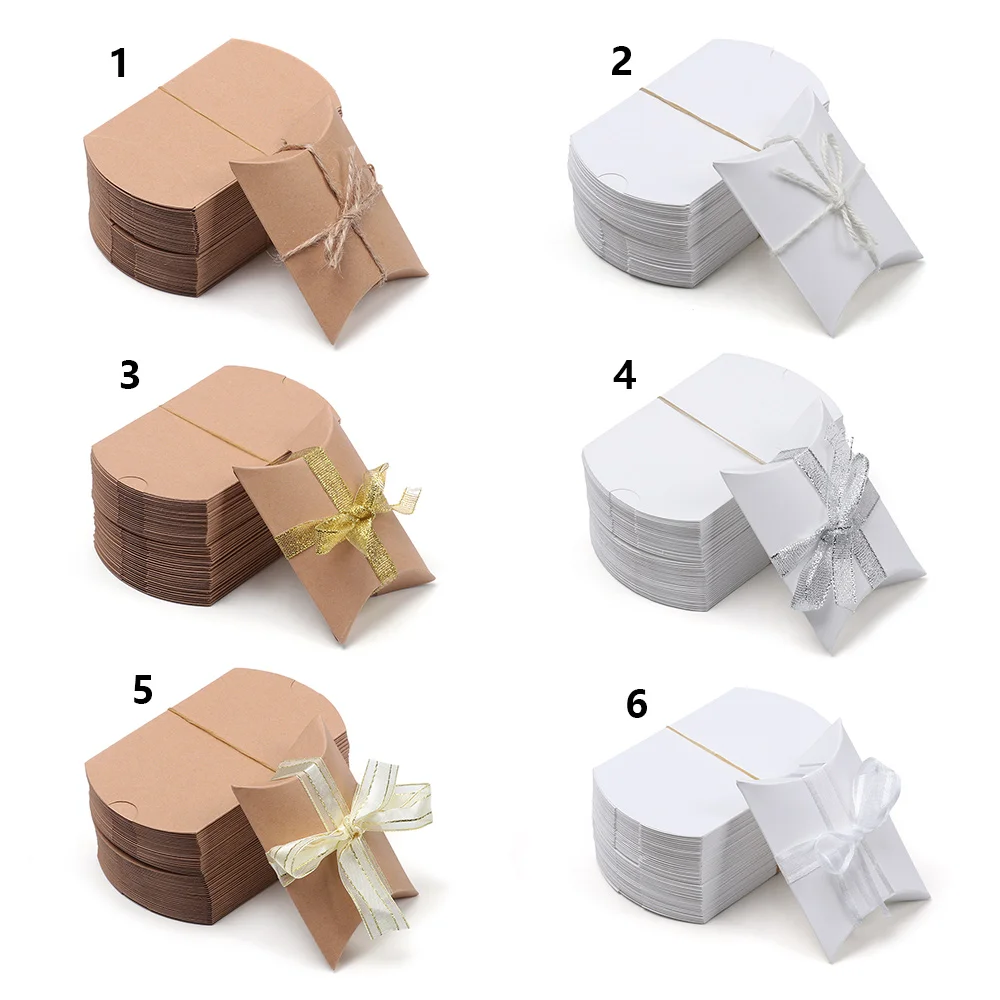 

50pcs Kraft Paper Pillow Favor Box Candy Gift Boxes Incidental String Silk Ribbon Home Party Birthday Wedding party Supplies