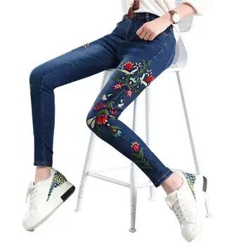 

Plus Size 4XL Flowers Embroidery Jeans Woman Vintage Pencil Pants High Waist Skinny Women Jeans Long Pants Trousers Women C3887