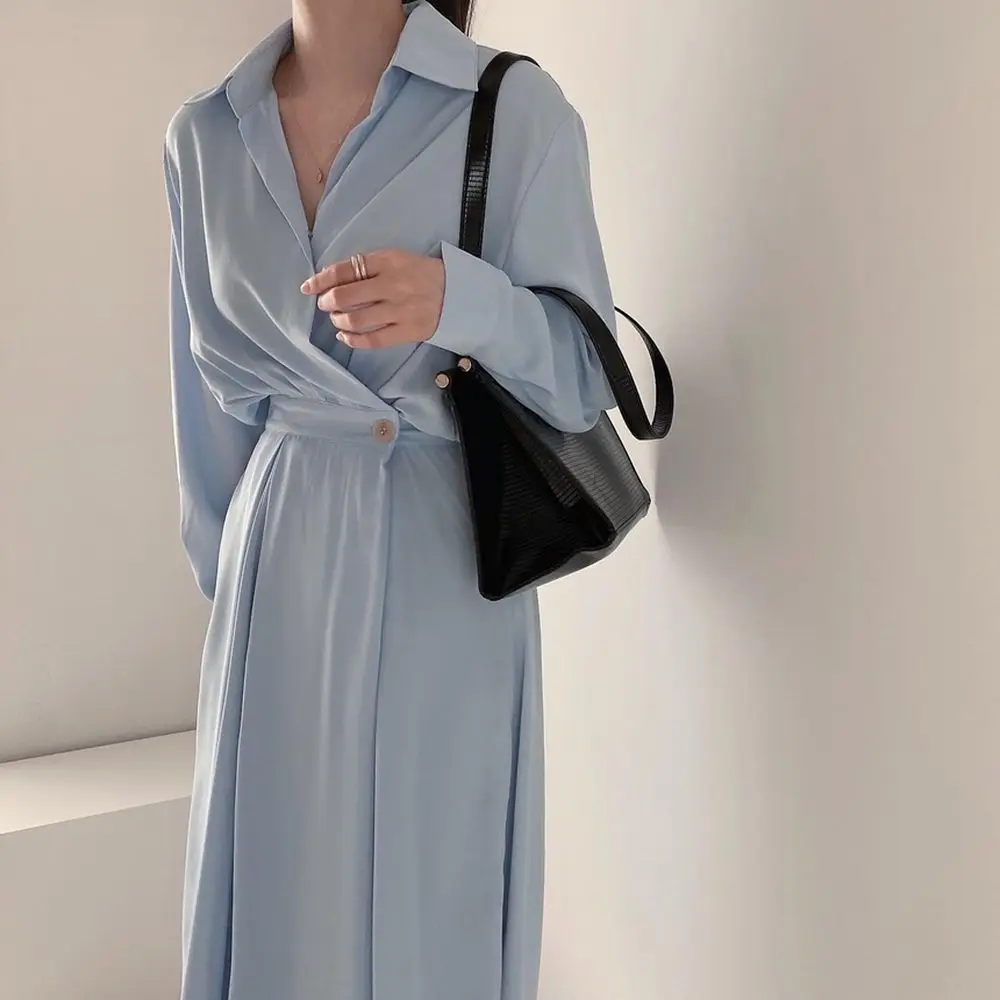 

Sleeve Office Shirt Dress For Women Spring New Turn-Down Collar Long Lady Wear Dress