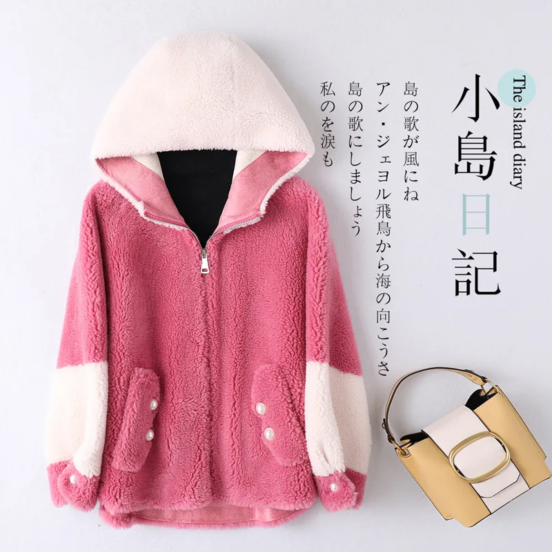 New High Street Women's Sheep Fur Jacket Luxury Patchwork Color Coats Lady's Winter Outerwear Teddy Cute Hooded Wool Clothes | Женская