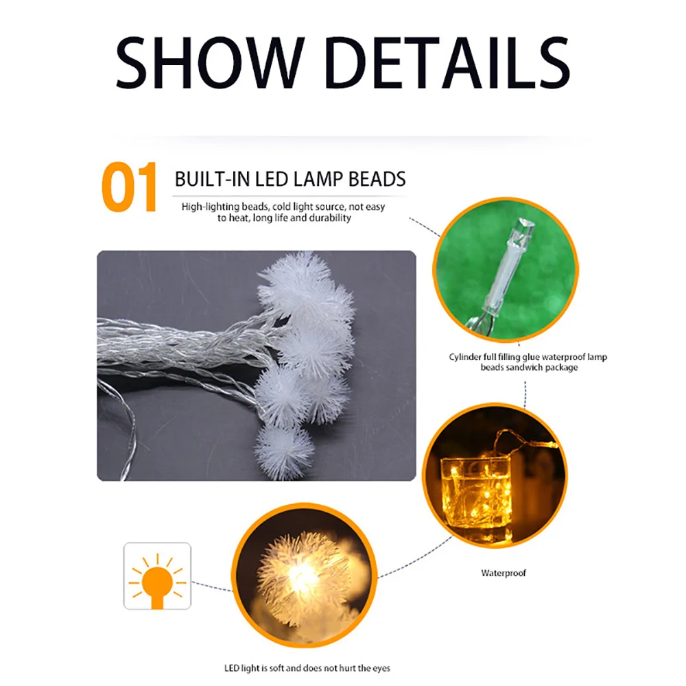 Snow Flakes Snowballs LED String Fairy Light Xmas Party Home Garden Garland Decoration Lights 20 Snow Balls