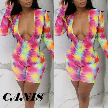 

New Women Painting Print Long Sleevel Bodycon Party Playsuits Colorful Ladies Womens Skinny Romper Short Pants Hollow Body Suits