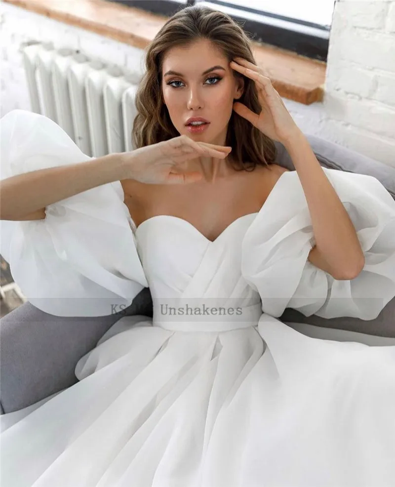 Princess White Wedding Dress Puff Short Sleeve Plus Size