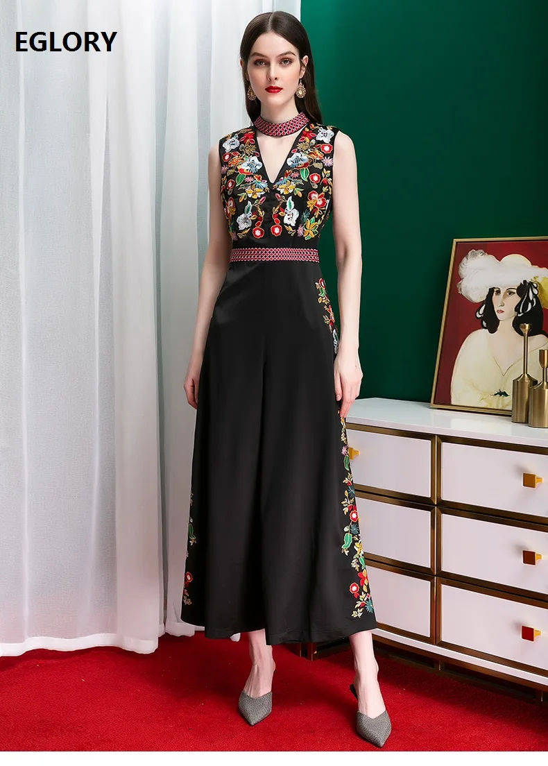 

High Quality Jumpsuits 2020 Spring Summer Rompers Women Vintage Embroidery Sexy Hollow Out Sleeveless Full Length Jumpsuit Femme