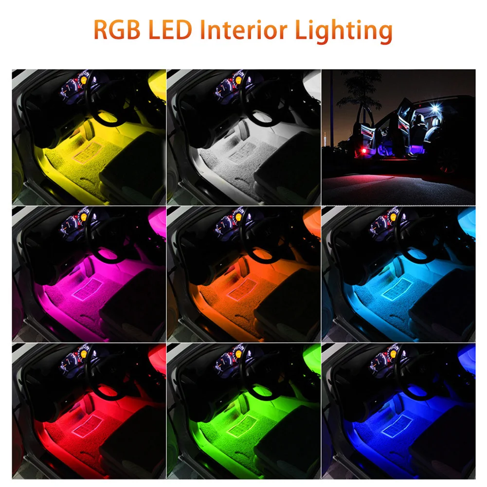 12 В автомобильный RGB светодиодный светильник, цветные декоративные атмосферные лампы, авто RGB дорожка, напольный светильник, автомобильный интерьерный светильник с пультом дистанционного управления
