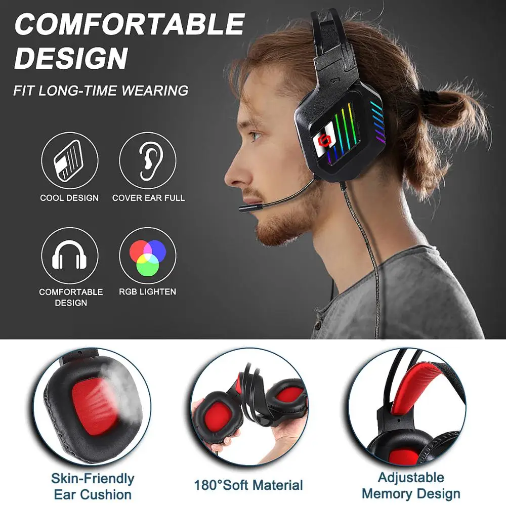 RGB Gaming Headset for PC Gamer PS4 XBOX ONE Professional Led Light Gaming Headphones Adjustable Bass Stereo Over Ear Wired