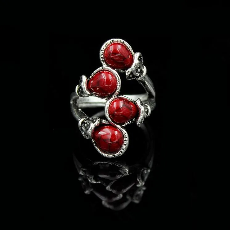 Fashion Bohemia Calaite Stone Rings Tibet Antique Silver Color Rings Alloy Carving Rings Leaf Branch Finger Rings For Women
