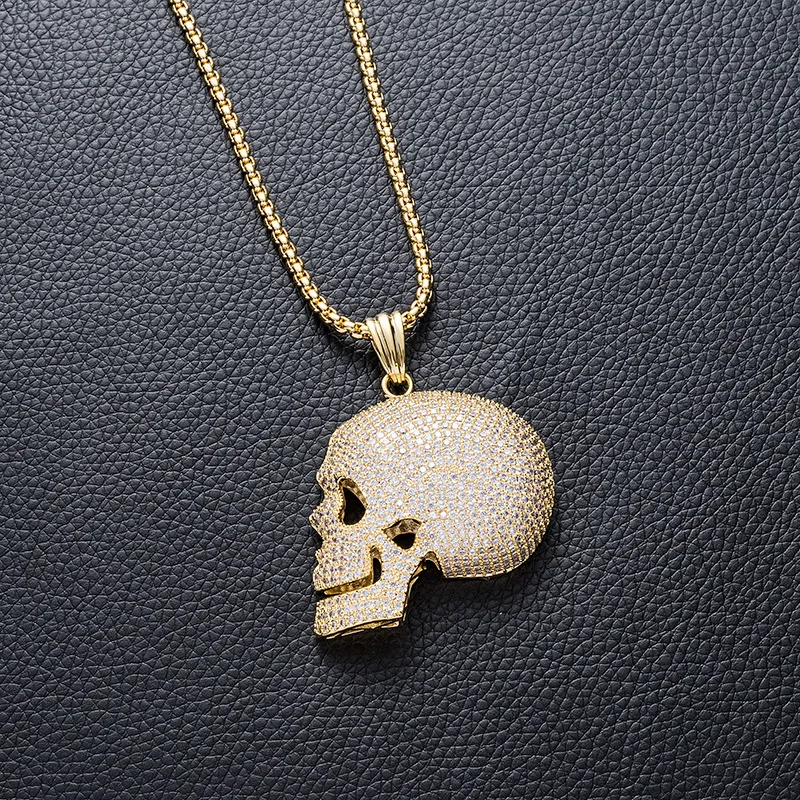 

Hip Hop AAA CZ Stone Paved Bling Ice Out Gold Color Skull Pendants Necklace for Men Rapper Jewelry Drop Shipping