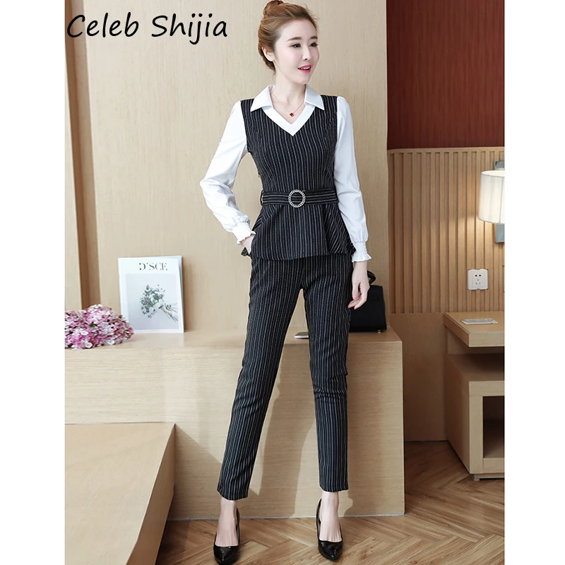 

women two piece set Office ladies Work business wear suit sets V neck strip tops + pants female outfits