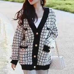 Женский свитер, куртка 2019, негабаритный вязаный кардиган, свободные клетчатые Джемперы, Корейская одежда, длинное пальто на пуговицах