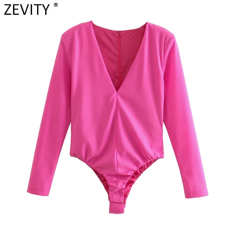 Zevity New Women Sexy V Neck Solid Color Slim Bodysuits Lady Chic High Street Back Zipper Club Party Playsuits Rompers LS9857 |