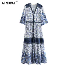 Винтажное шикарное женское платье с цветочным принтом и рукавом «летучая мышь», Пляжное богемное платье happie, женское платье с v-образным вырезом и кисточками, макси платье в стиле бохо, vestido