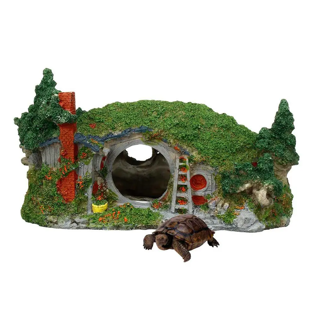 Resin Dwarf House Shape Aquarium Feeding Box Fish Bowl Ornament Lizard Tortoise Hiding Box