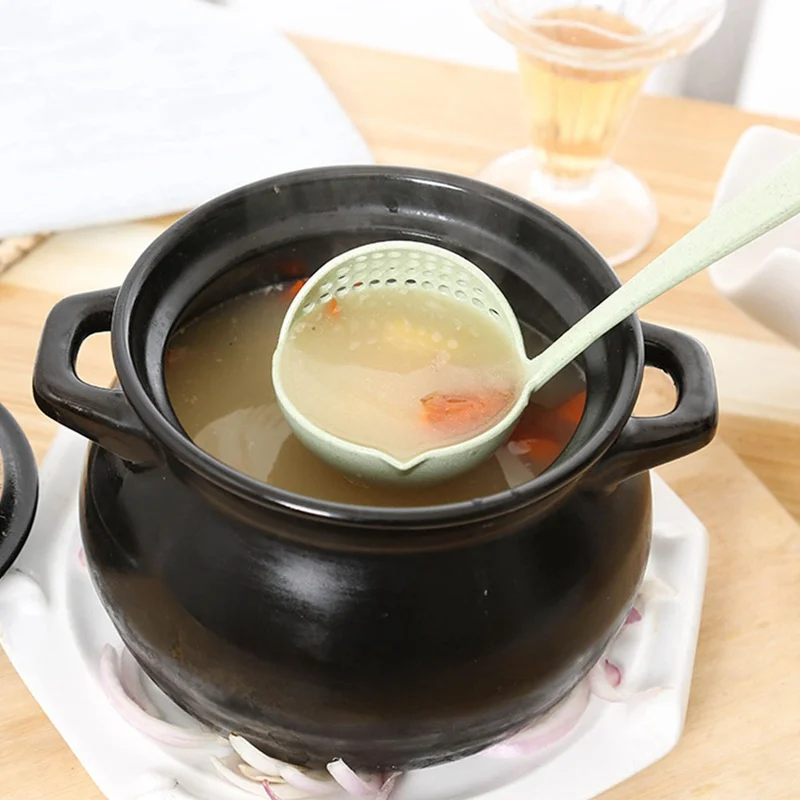 2 in 1 Creative Wheat Straw Soup Spoon Long Handle Lovely Porridge Spoons with Filter Dinnerware Kitchen Colander Tools