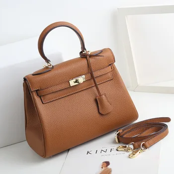 

New Style Brand Embossed Leather Kelly Bag Genuine Leather Fashion Crossbody Bag Full-grain Leather Women's Handbag