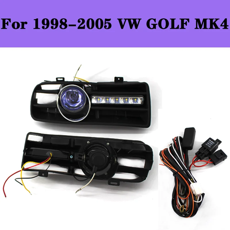 

Car Front Grill Blue Lens Fog Light Grille Cover W/ LED DRL Lamp For 1998-2005 VW GOLF MK4