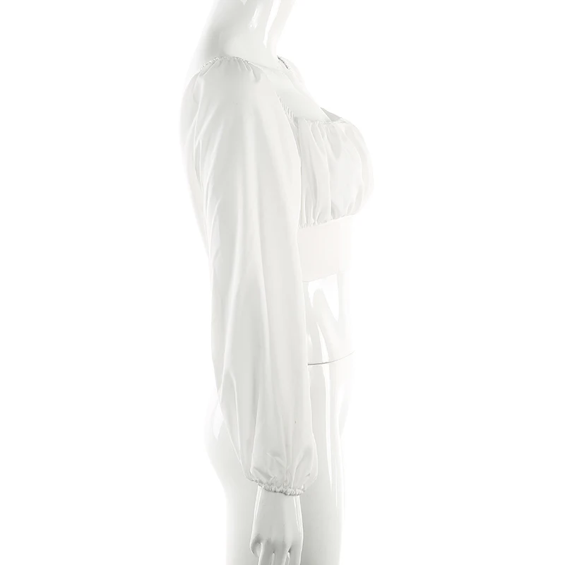 HEYounGIRL элегантный винтажный укороченный Топ Футболка женская пышная белая футболка с длинными рукавами женская футболка со сборкой с u-образным вырезом Женская Осенняя