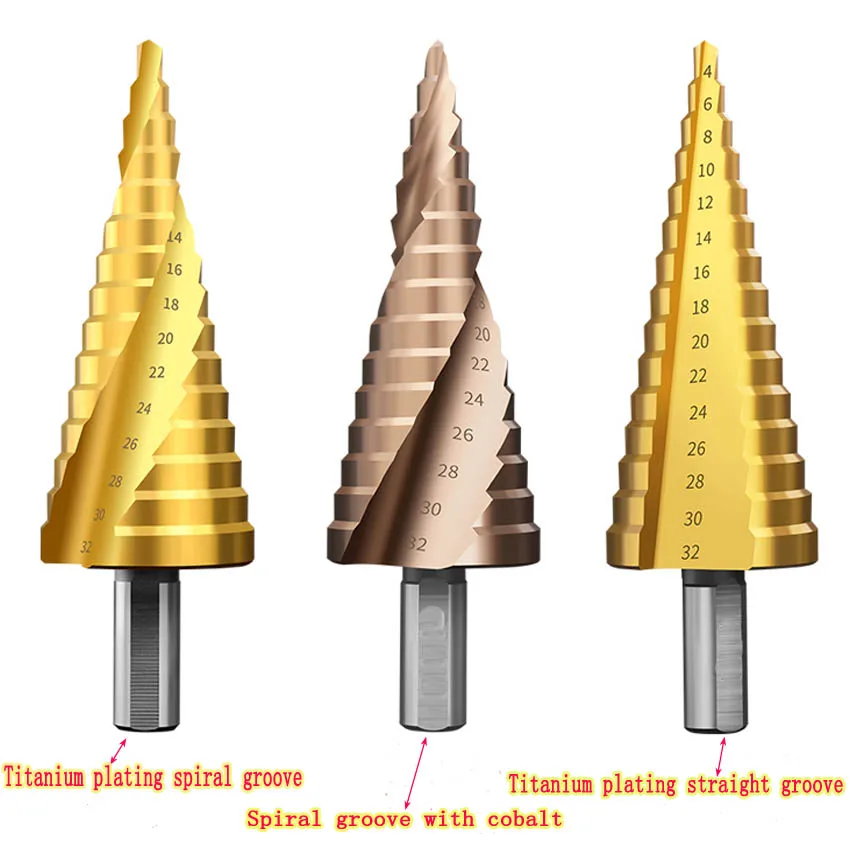 4-12mm 4-20mm 4-32mm Metric Spiral Flute Step HSS Steel 4241 Cone Titanium Coated Drill Bits Tool Set Hole Cutter 3pcs metric spiral flute the pagoda shape hole cutter 4 12 4 20 4 32mm hss steel cone drill bit set step sharpening