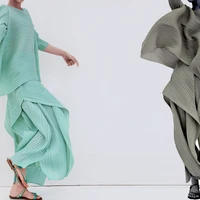 Miyake Pleated Women Two Piece Sets Long Sleeve T-shirt Tops Ladies Loose Double Layered Pants Original Designer Causal Clothing 2