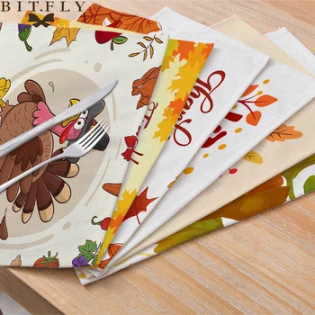 

4Pcs Kawaii Turkey Pattern Kitchen Placemat Cotton Linen Dining Table Mats Coaster Pad Bowl Cup Mat for Thanksgiving Decor