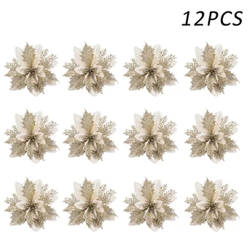 

12pcs/pack Artificial Flowers Simulation Festival Decorations Accessory New Year Glittering Fake Christmas Tree Ornaments Home