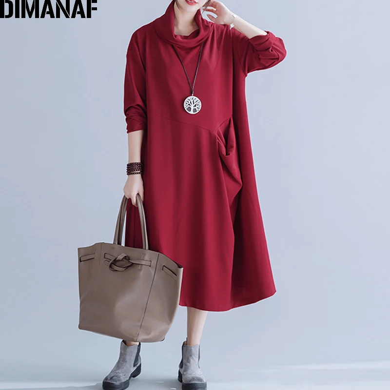  DIMANAF Plus Size Women Dress Winter Turtleneck Casual Style Loose Lady Vestidos Solid Spliced Pock