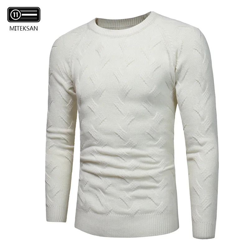 Мужской пуловер Slim Fit, вязаные мужские свитера, модная брендовая одежда, мужские однотонные свитеры с круглым вырезом и длинными рукавами, Повседневный свитер - Цвет: Белый