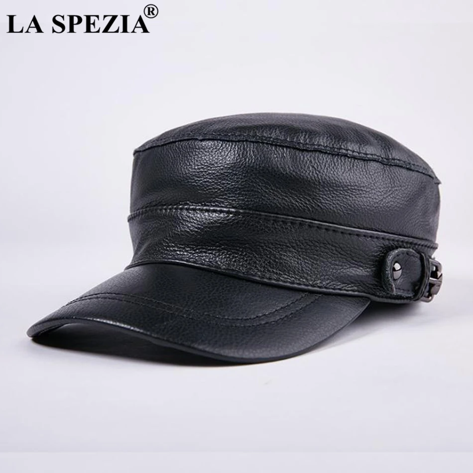black LA SPEZIA, коричневая шапка в стиле милитари, мужская повседневная армейская шапка из натуральной кожи, Мужская зимняя Регулируемая Кепка в стиле утконоса, Классическая Кепка с плоским верхом - Цвет: black