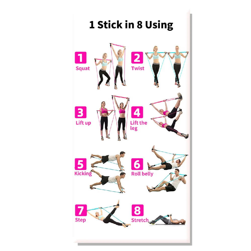 8 in 1 Portable Pilates Bar Exercise Poster Bodybuilding Guide Fitness  portable pilates bar exercises 1 Stick 8 in using