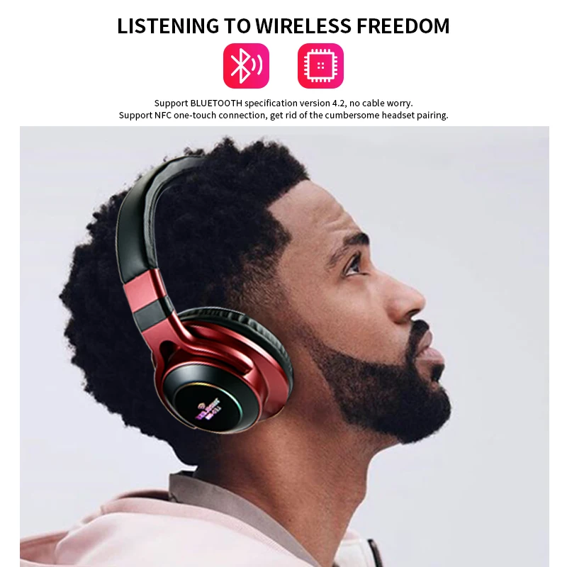 LED 008 Light Wireless Bluetooth Headphones 3D Stereo Earphone With Mic Over Ear Headset Support TF Card FM Mode AUX Audio Jack
