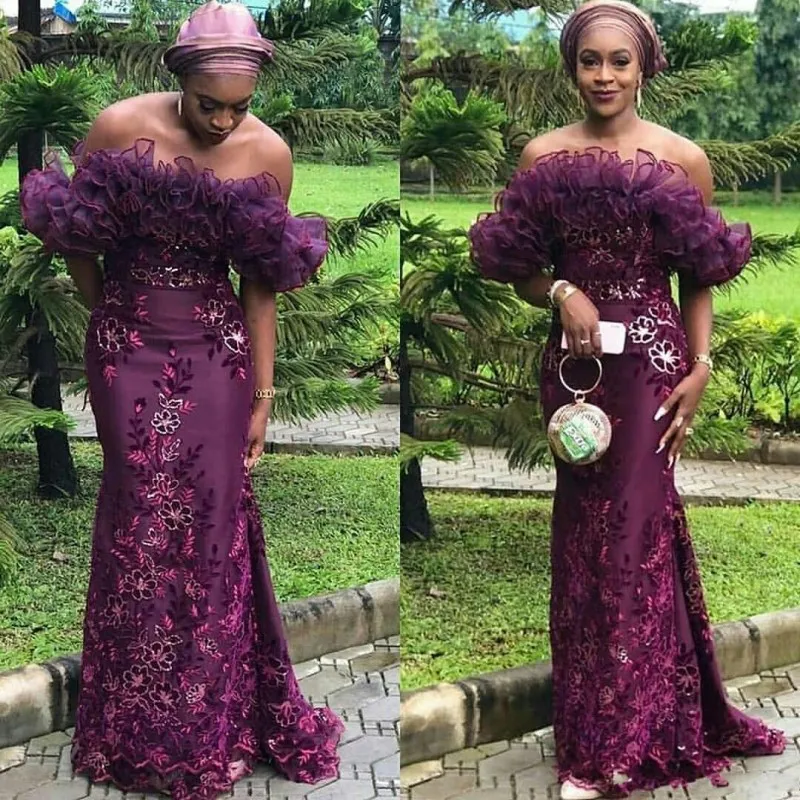same as image Aso Ebi фиолетовые Русалка арабские вечерние платья Аппликации Кружева платье выпускного вечера плюс размер с открытыми плечами оборками Формальные Вечерние платья - Цвет: same as image