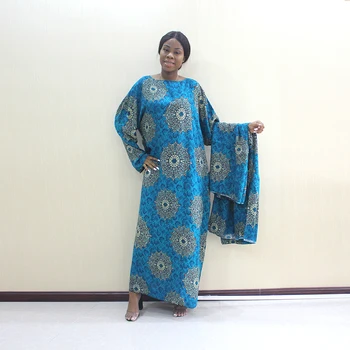 

Dashikiage African Dashiki Elegant Plus Size Blue 100% Cotton Floral Printed Dresses For Women With A Big Scarf