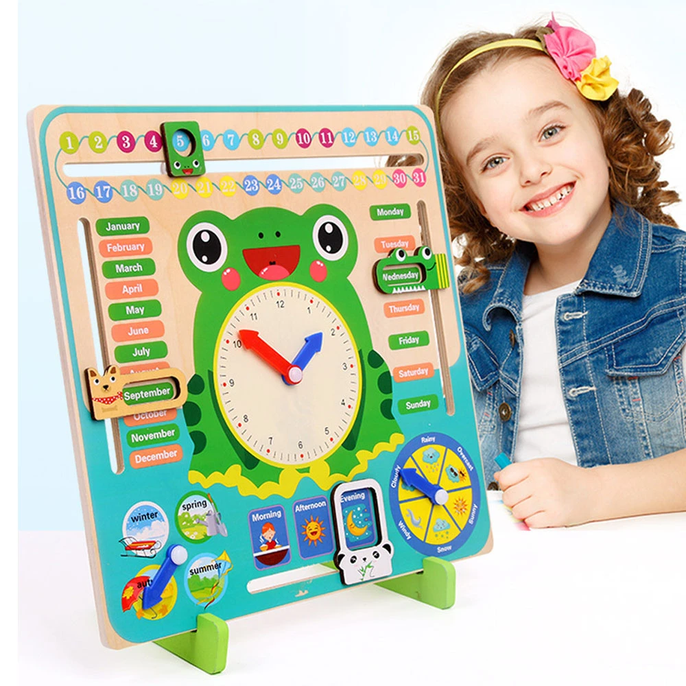 Juguetes de madera de aprendizaje temprano para niños, Conjunto de reloj con calendario de rana de dibujos animados, calendario de madera para niños, juguetes de correspondencia cognitiva