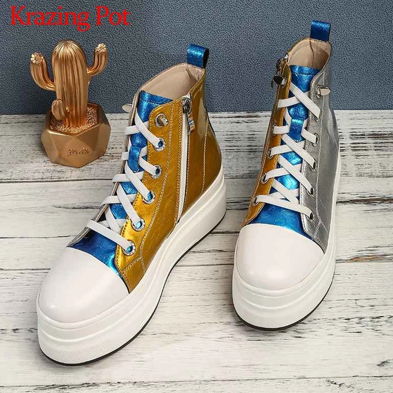 

Krazing Pot preppy style mixed colors thick bottom fashion cow leather round toe lace up zip winter warm women ankle boots L22