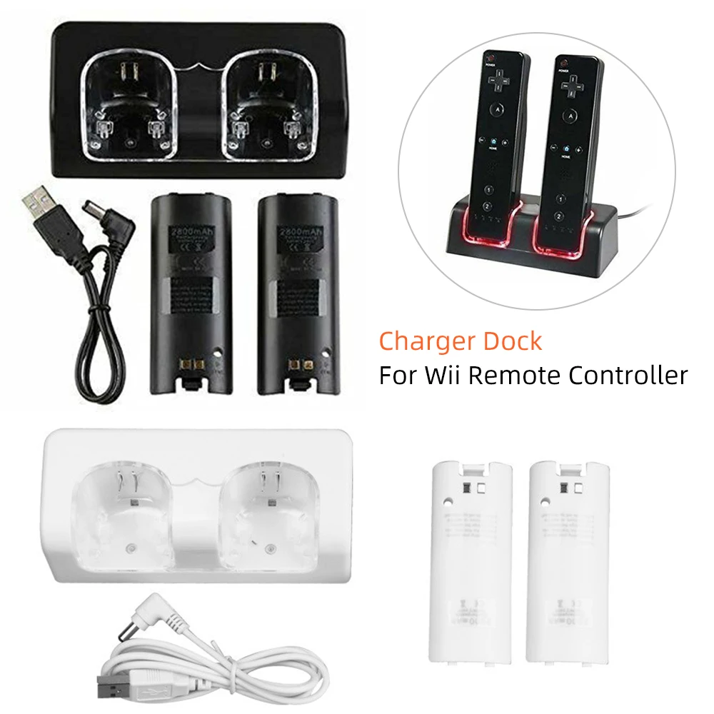 

2pcs 2800mAh Rechargeable Battery Packs Remote Charging Dual Charger Station For Wii Remote Controller with USB Cable
