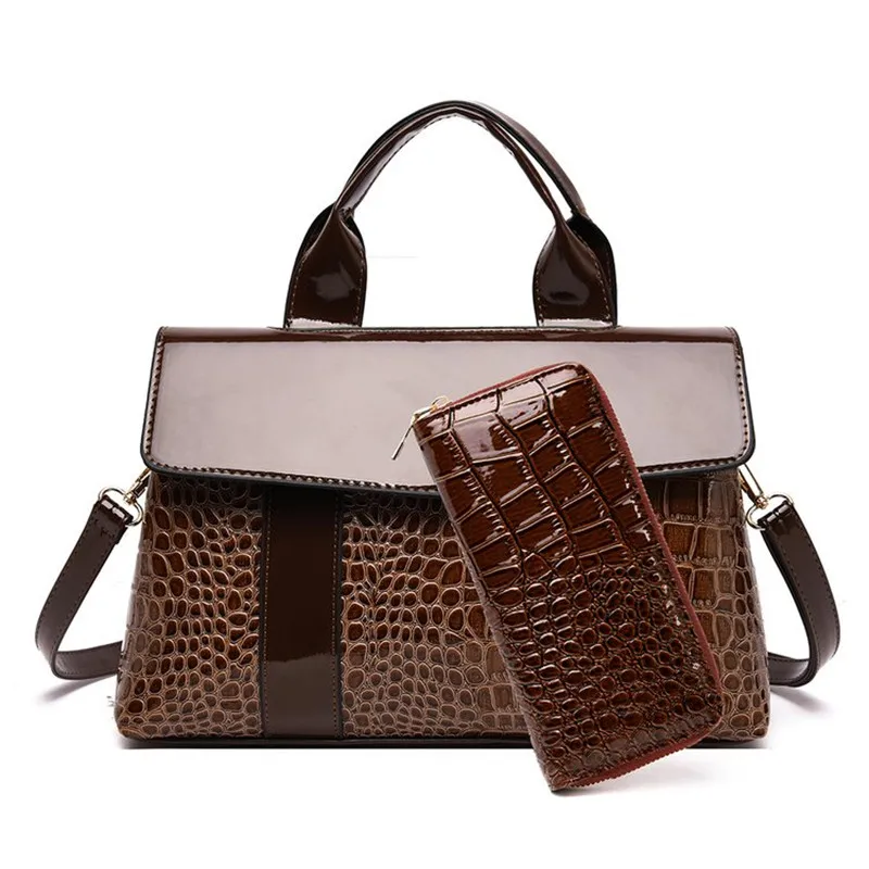 Классические женские сумки, высокое качество, кожаные сумки для женщин с узором «крокодиловая кожа», ручные сумки, сумка через плечо, женские сумки на плечо - Цвет: Brown-1