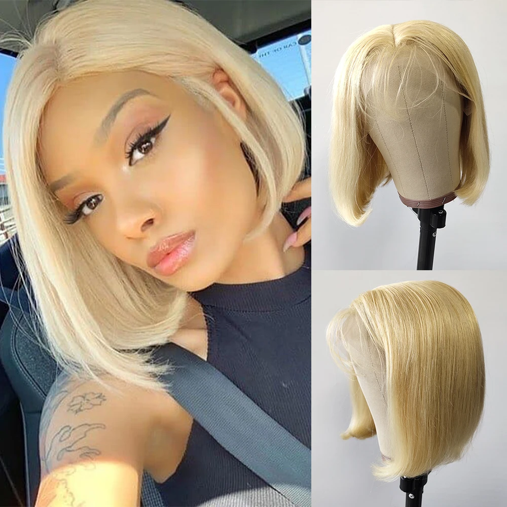#613 Blonde Wigs Short Bob Lace Front Human Hair For Black Women Silky Straight Pre-Plucked Hairline Full Ends | Шиньоны и парики