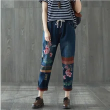 Женские джинсы-шаровары, ковбойские брюки с цветочным принтом, женские джинсовые штаны-шаровары, рваные джинсы с вышивкой, потертые женские джинсы