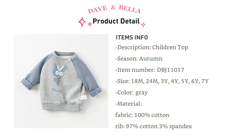 DBJ11017 нижнее белье в стиле бренда dave bella/осенняя одежда для маленького мальчика, милый мультяшный буквенный футболка детская одежда Длинные рукава Топы Для девочек; K6273 высокого качества детская мода, футболки
