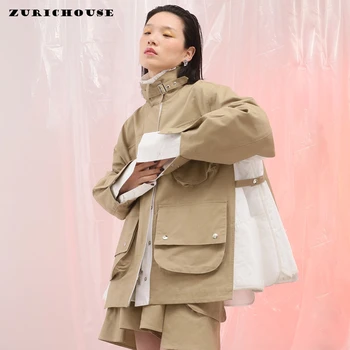

ZURICHOUSE Oversized Windbreaker Women 2020 Fashion Hit Color Patchwork Design Spring Coat Women Irregular Pocket Trench