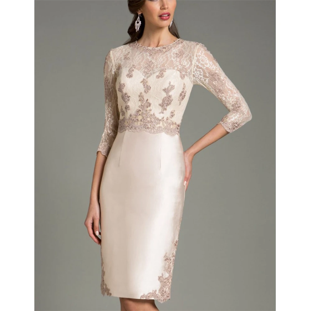 Perfect Pink Satin Appliques Mother Of the Bride Dresses For Weddings 3/4 Sleeves Sheath Knee-Length Short Lace mother dresses