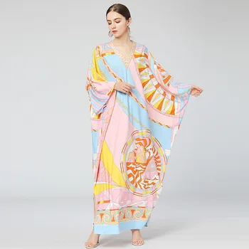 

SuperAen 2020 Autumn New Loose Plus-sized Dresses V-neck Contrasting Color Bat Sleeve Printed Robe Women Dress