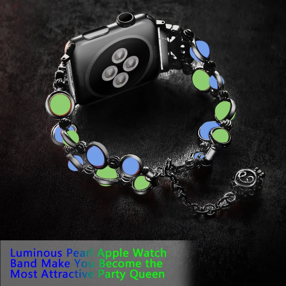 

Luminous Beads Jewelry Watch Strap for Apple Watch Series 4 3 2 band 38mm 40mm 42 44 Stainless Steel Bracelet for iWatch 4 3 2
