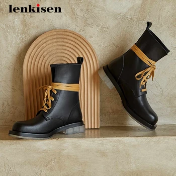 

Lenkisen limited customization real leather winter shoes mixed colors round toe thick med heel lace up keep warm ankle boots L23