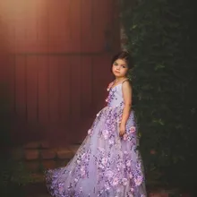 Фиолетовые платья с цветочным узором для девочек на свадьбу, с объемной цветочной аппликацией и v-образным вырезом, пышное платье принцессы для первого причастия