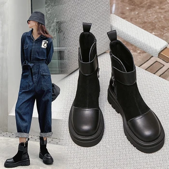 

Black motorcycle Martin boots female cool street British style 2020 autumn and winter Korean version of cowhide wedge heel boots
