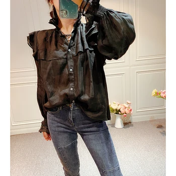 

2020 Spring Women Linen Black and White Color Shirt Flare Sleeve Hollow out Ruffles Lady Blouse