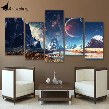 

Galaxy Picture Painting Nebula Canvas Art Poster Snow Mountains Space Canvas Set Planet Lake Pictures 5 Pieces Prints Home Decor